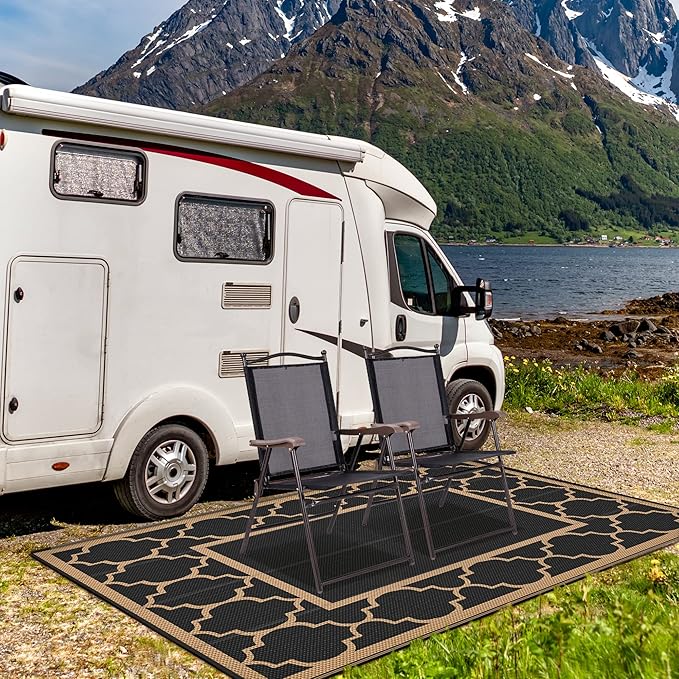 GENIMO 4 ' x 6 ' Outdoor Rug for Patio Clearance, Waterproof Indoor Outdoor Plastic Straw Rugs Carpet, Reversible Outside Area Rv Mat for Camping, Balcony Porch, Deck, Picnic, Beach (Black & Brown)