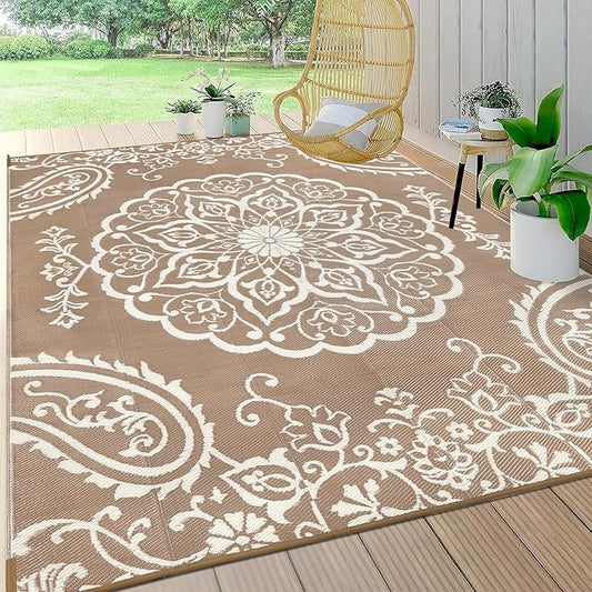 Pauwer Waterproof Outdoor Rug 10x14, Reversible Plastic Straw Patio Camping Rug, Indoor Outdoor RV Mat Carpet for Deck, Camper, Porch, Balcony, Backyard, Picnic, Boho Brown