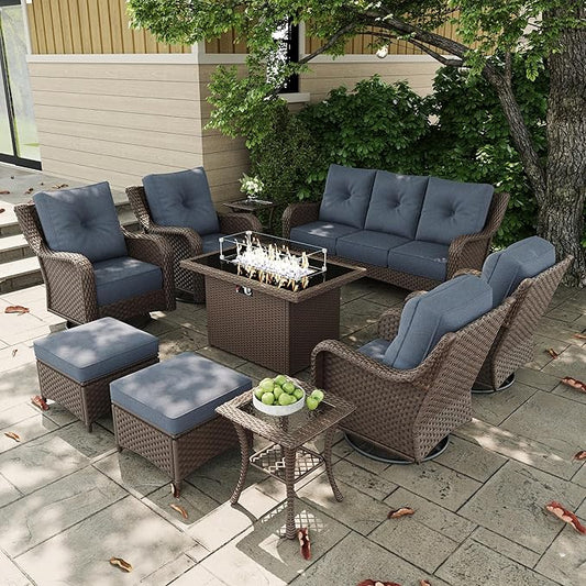 10 Pieces Outdoor Patio Furniture Sets with Rocking Swivel Chairs with 6-inch Thick Cushion and Fire Pit Table for Deck Lawn