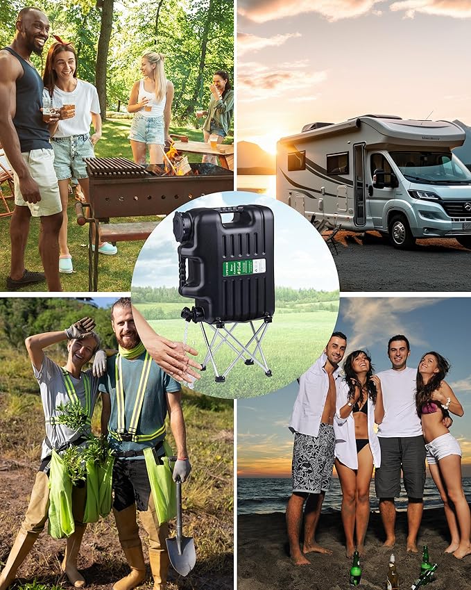 UPWOIGH 5 Gallon Water Jug with Spigot and Folding Stool – Leak-Proof, BPA-Free Portable Black Water Container with Stand, Large Outdoor Storage Tank for Camping, Hiking, RV, Travel, and Emergency Use