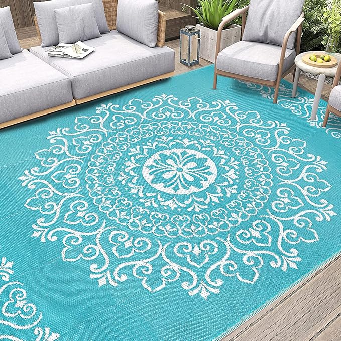 Pauwer Waterproof Outdoor Rug 8x10, Reversible Plastic Straw Patio Camping Rug, Indoor Outdoor RV Mat Carpet for Deck, Camper, Porch, Balcony, Backyard, Picnic, Floral Teal