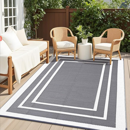 OLANLY Outdoor Rug 9x12 ft Waterproof, Reversible Outdoor Plastic Straw Rug, RV Mat, Indoor Outdoor Carpet Clearance for Patio, Camping, Balcony, Deck, Backyard, Grey & White