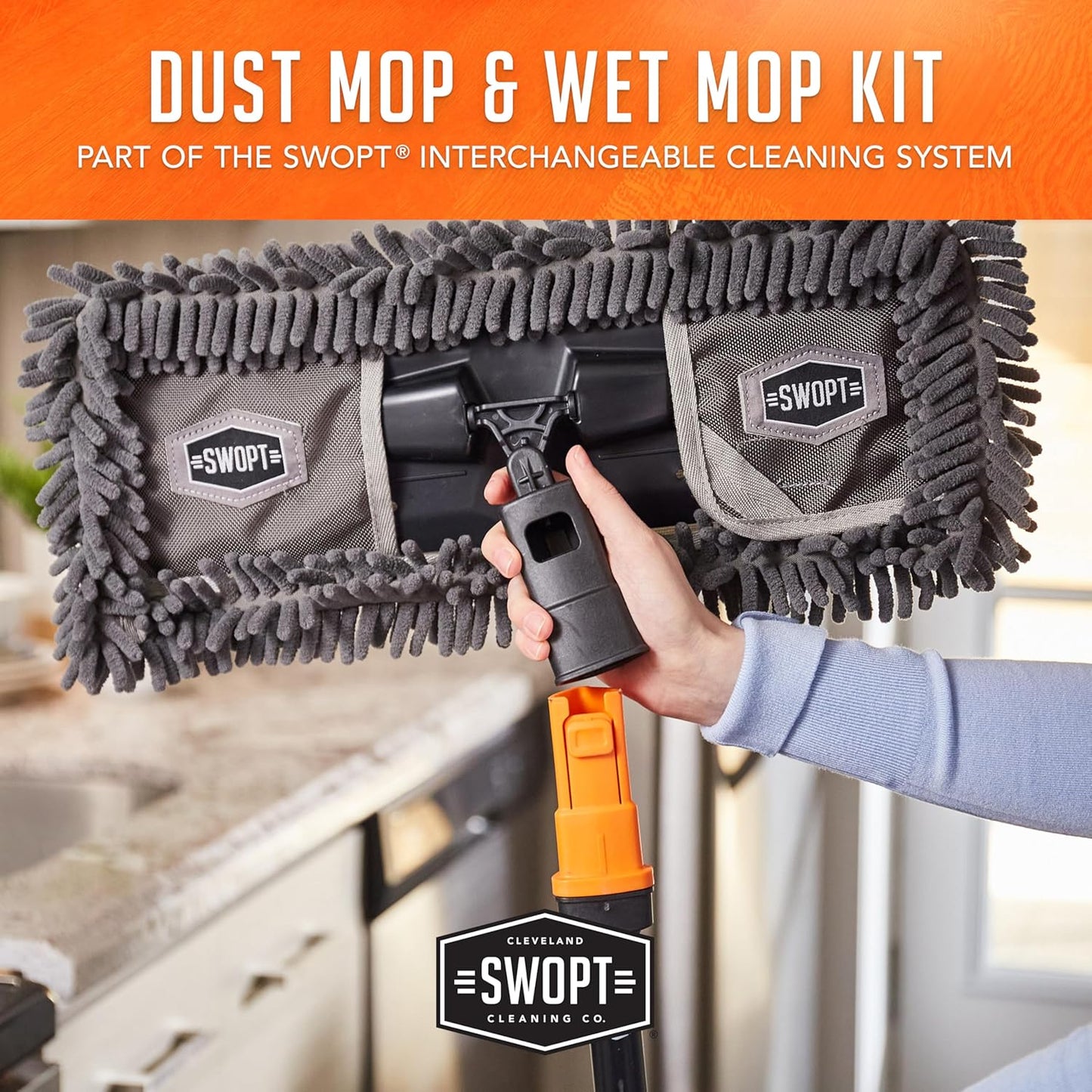 SWOPT 18” Microfiber Dust Mop, Microfiber Flexible Duster, Cotton Mop + 60" Steel Handle, Combo — Cleaning Heads With Long Handle Interchangeable With All SWOPT Cleaning Products — Machine Washable