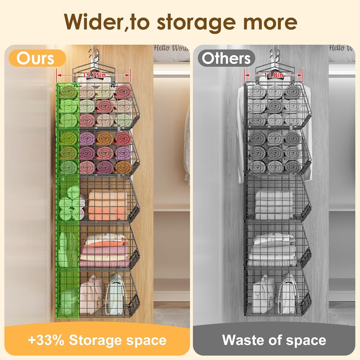 Deeper 4'' Design 5 Tier Foldable Hanging Closet Organizer and Storage，Wire Cabinet Shelves and Rack with 5 S Hooks,Stackable Metal Basket Bins for Clothes Shoe Purse,Holder for Wardrobe Dorm,Black