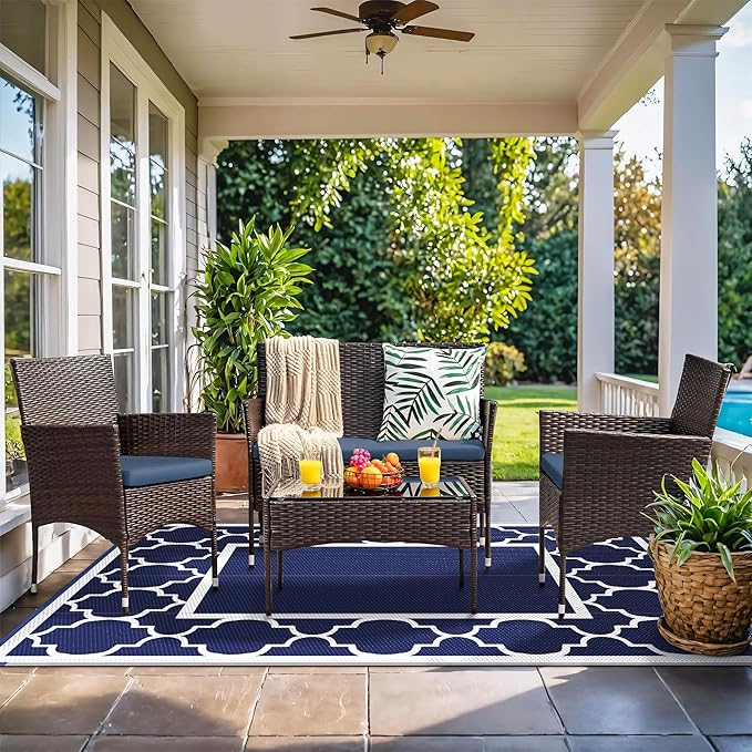 GENIMO 4' x 6' Outdoor Rug Waterproof for Patio Decor, Foldable Reversible Plastic Straw Area Rugs Mat for Camper, Outside Carpet for Rv, Deck, Porch, Picnic, Beach, Balcony, Blue & White