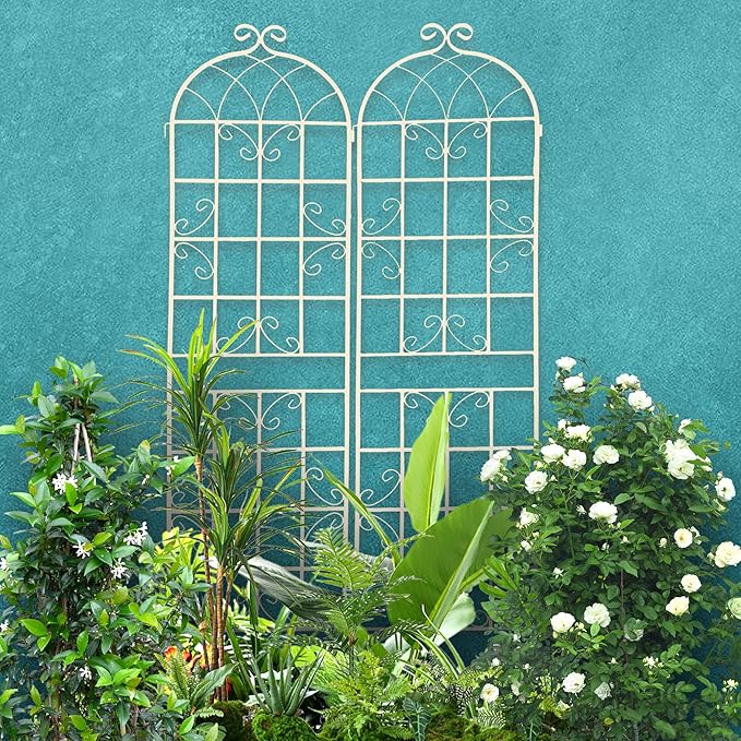 2 Pack Metal Garden Trellis 86.7" H Cream White Garden Fence Rustproof Trellis for Climbing Plants Support Roses Flower Outdoor Lawn, White Tall