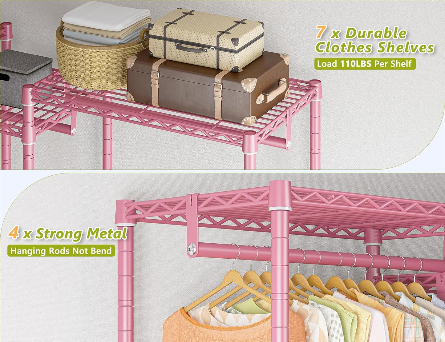 Raybee Clothing Racks for Hanging Clothes Heavy Duty Clothes Rack Load 750LBS clothes rack, 77" H x 70.5" W x 13.8" D, Pink