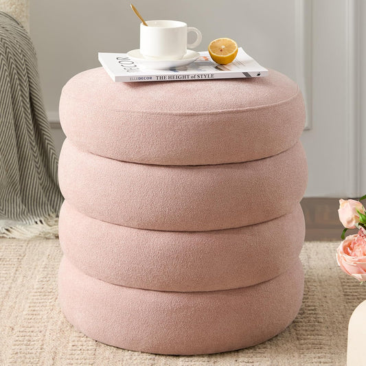 Round Ottoman with Storage Boucle Ottoman Stool Removable Lid for Living Room Modern Upholstered Vanity Storage Stool Foot Rest Bedroom Dorm Gift Set of 1 (Pink)