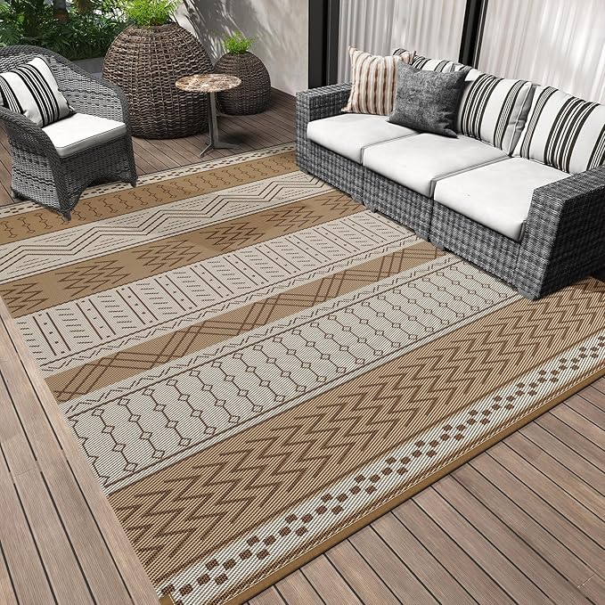 Outdoor Rug Carpet Waterproof 5x8 ft Patio Rug Mat Indoor Outdoor Area Rug for RV Camping Picnic Reversible Lightweight Plastic Straw Outside Rug for Patio Decor Decoration Boho Rug Brown Beige