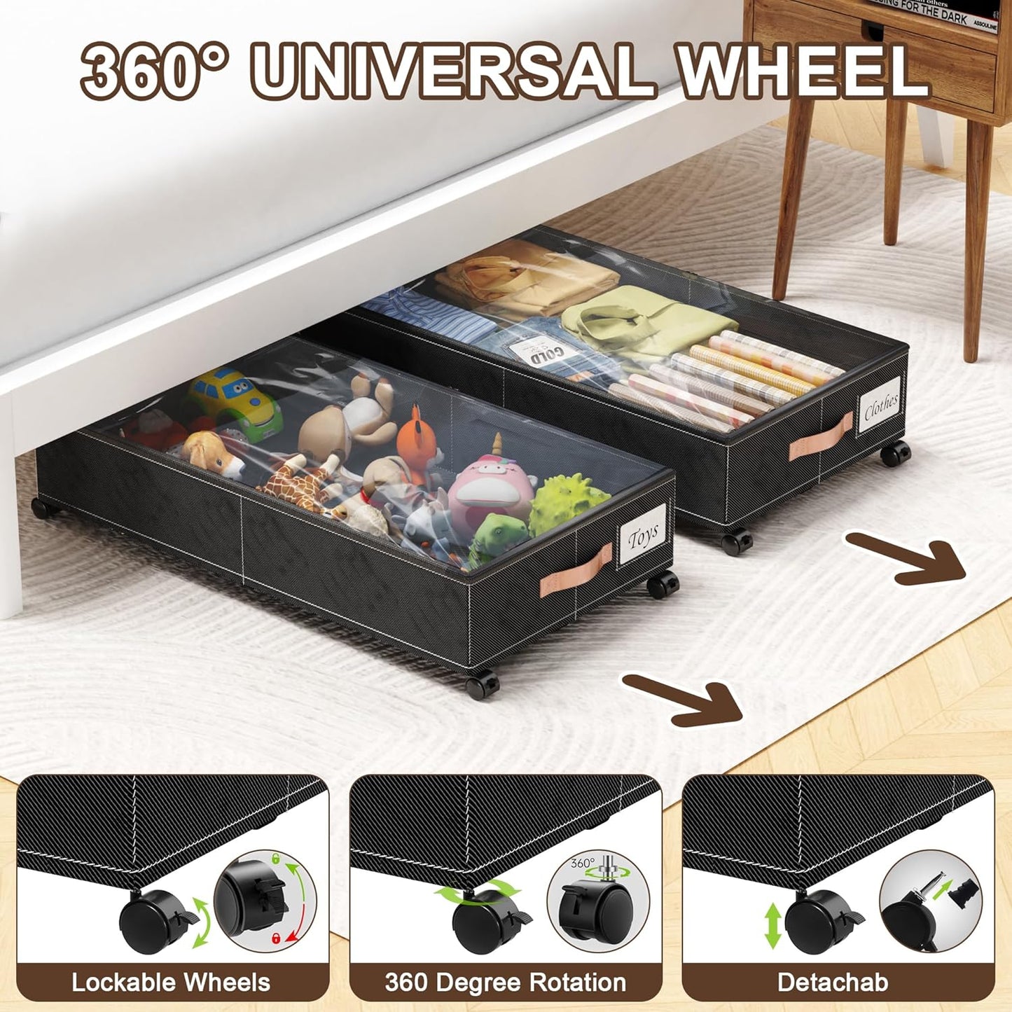Under Bed Storage with Wheels, 2-Pack Under Bed Storage Containers with Clear Lids, XXL 65L Under the bed storage Organizer Bins, Rolling Under Bed Metal Drawer for Clothes,Shoes,Toys (Black, 2-Pack)