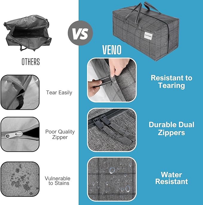 VENO 2 Pack Moving Bags w/Backpack Straps, Heavy Duty, Moving Boxes Alternative, Packing Supplies, Large Storage Totes for Dorm Room Essentials with Zipper for Clothes (Windowpane, 2 Pack)