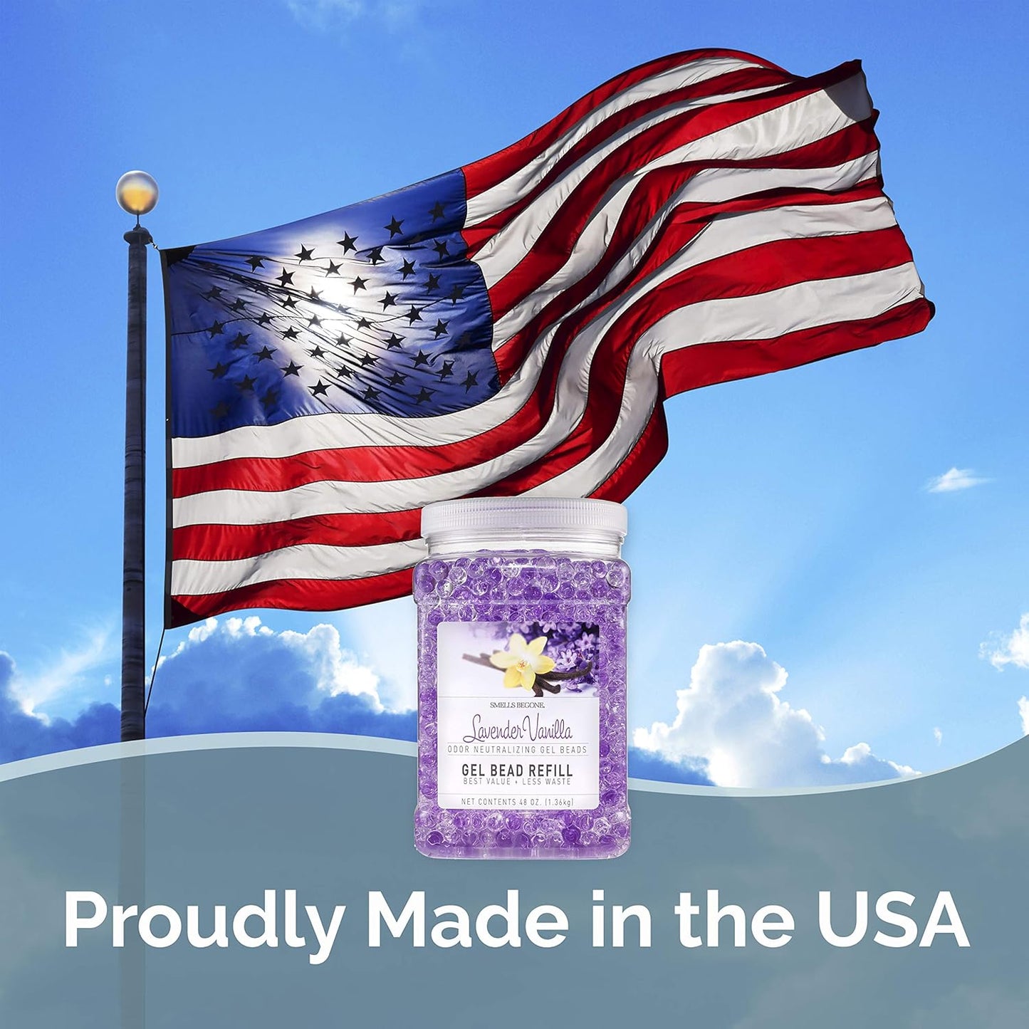 SMELLS BEGONE 48 oz Odor Eliminator Gel Bead Refill - Eliminates Odor from Bathrooms, Boats, Cars, RVs & Pet Areas - Made with Essential Oils - Lavender Vanilla Scent