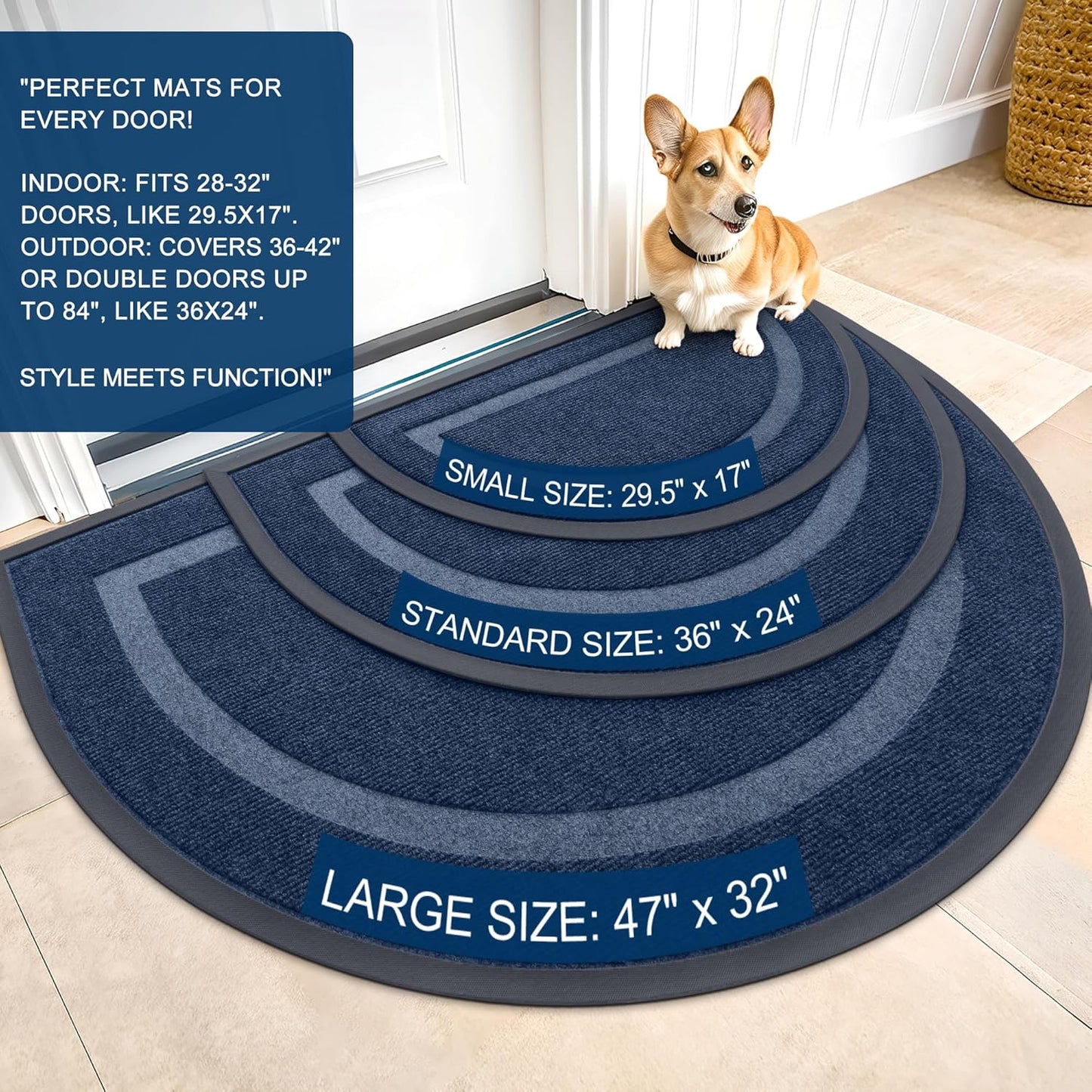 OLANLY Half Circle Door Mat Indoor Outdoor Entrance Welcome, Waterproof All-Season, All-Weather Doormat, Sturdy Natural Rubber, Low Profile, Easy Clean Patio Porch Entryway Mat, 71x47, Blue
