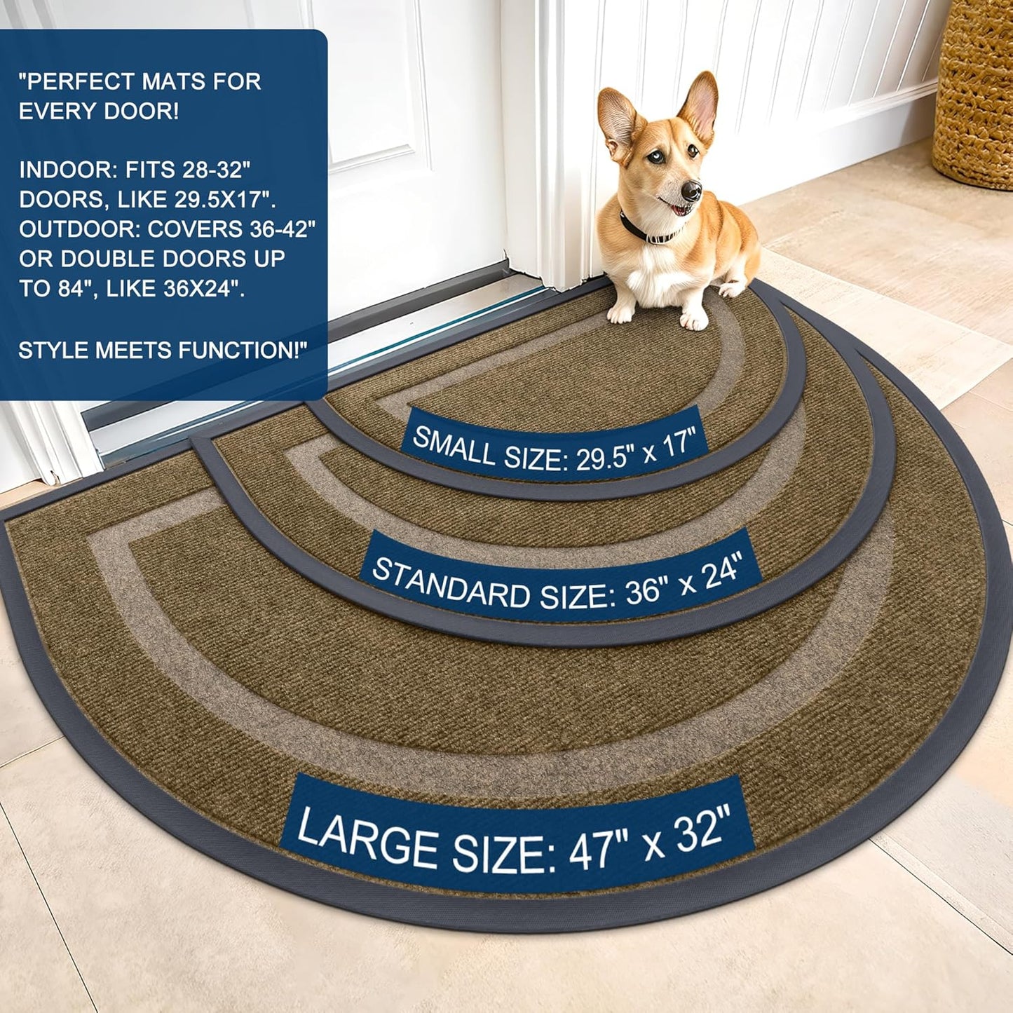 OLANLY Half Circle Door Mat Indoor Outdoor Entrance Welcome, Waterproof All-Season, All-Weather Doormat, Sturdy Natural Rubber, Low Profile, Easy Clean Patio Porch Entryway Mat, 47x32, Brown