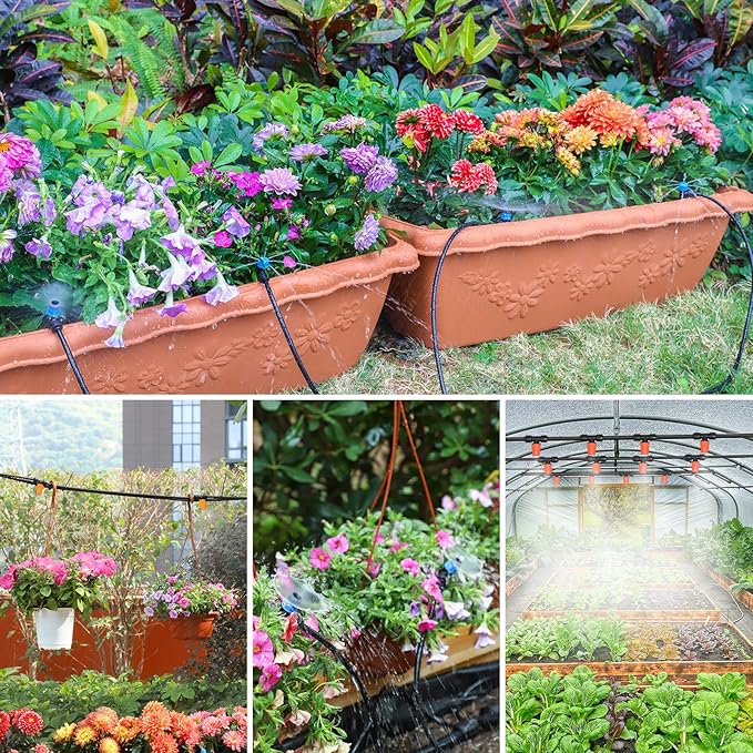 MIXC Greenhouse Micro Drip Irrigation Kit Automatic Irrigation System Patio Misting Plant Watering System with 1/4 inch 1/2 inch Irrigation Tubing Hose Adjustable Nozzle Emitters Barbed Fittings