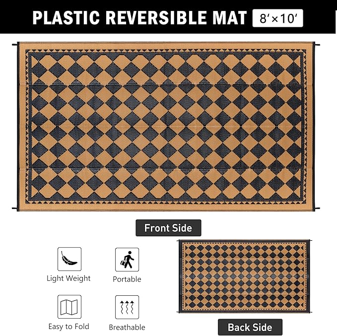 Outdoor Waterproof Rug 8'x10' Plastic Straw Rugs Washable Reversible Floor Mat Brown Plaid Carpet for Camping RV Deck Entryance Porch Picnic Balcony Beach Backyard