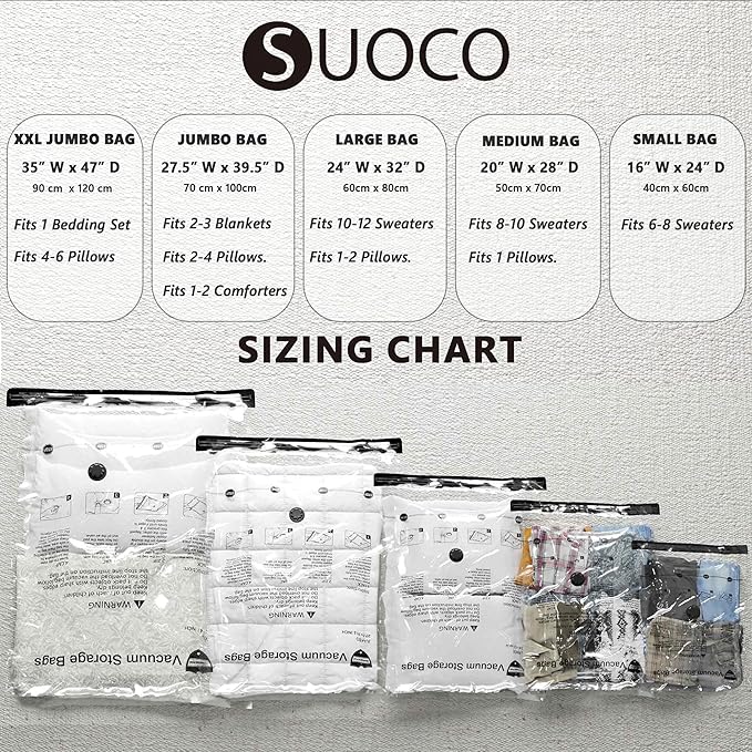 SUOCO 8 Combo Vacuum Storage Bags with Electric Pump, (2 Jumbo, 2 Large, 2 Medium, 2 Small) Travel Clothes Space Saver Bags, Compression Airtight Seal Bags for Clothing, Pillows, Comforters, Blankets