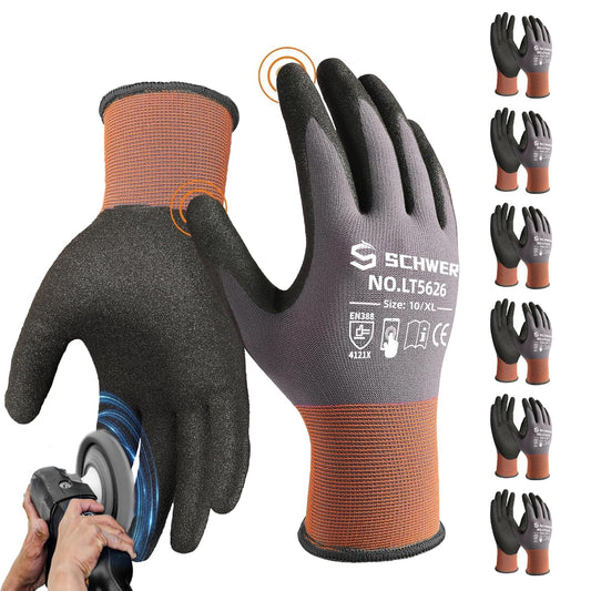 Schwer 6 Pairs Safety Work Gloves with Sandy Nitrile Coating LT5626, Max Abrasion Resistance Heavy Duty Gloves with Grip for Men and Women, Ideal for General Use, Mechanic, Construction, Gardening, XL