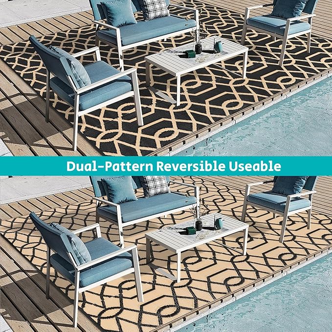 HEBE Outdoor Rug Waterproof 9x12, Reversible Plastic Straw Rug RV Camping Rug, Indoor Outdoor Patio Mat Clearance, Outside Carpet for Porch,Deck,Camper,Balcony,Backyard,Picnic