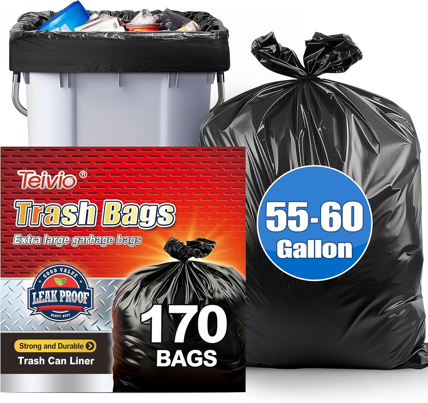 Teivio 55-60 Gallon Black Trash Bags | 170 Bags Extra Large Multi-Use Heavy Duty Commercial Garbage Bags | Lawn And Leaf Bags | Outdoor Yard Waste Bag | Contractor Workshops Trash Bin Liner