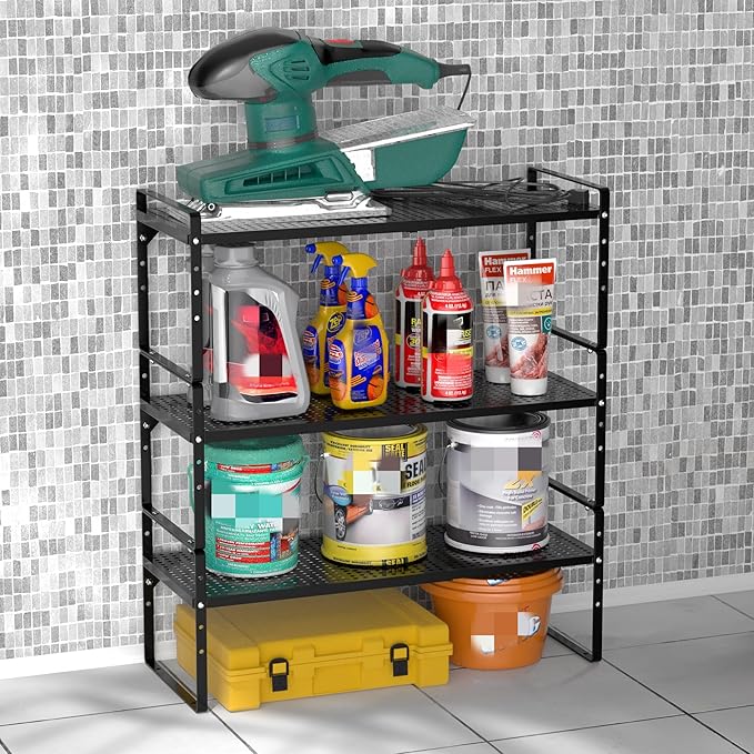 Redrubbit Expandable Cabinet Storage Shelf, Adjustable Height Steel Metal Kitchen Counter Organizers Shelves Spice Rack for Kitchen Pantry Bathroom Cupboard Desk Home Office, Black-2 Pack