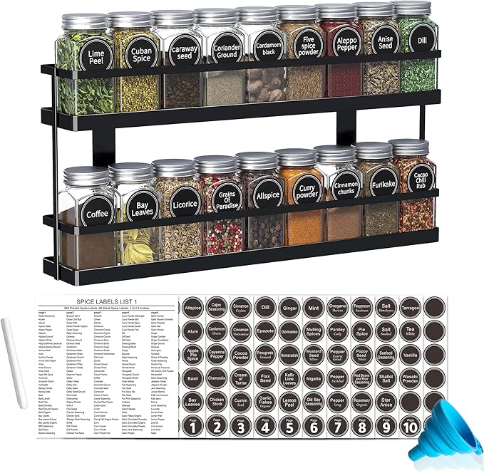 New England Stories Spice Rack Organizer with 18 Empty Square Spice Jars, 386 Spice Labels with Chalk Marker and Funnel Complete Set, for Countertop, Wall Mount or Cabinet Pantry Door, Black