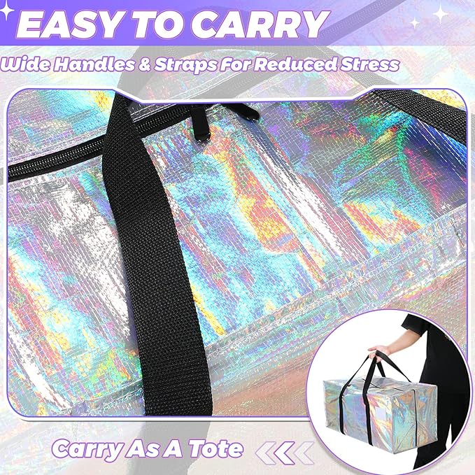 4 Pcs 24 Gallon Large Moving Bags with Zipper and Handles Foldable Storage Duffle Bags Heavy Duty Extra Large Totes for College Dorm Travel Clothes Blankets Bedding Moving (Iridescent)