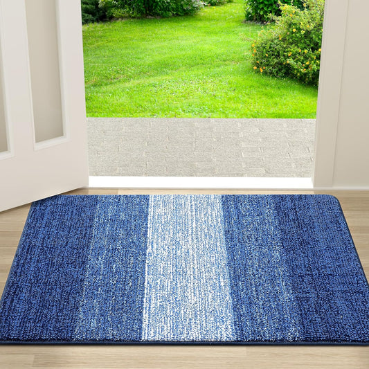 Kitinjoy Indoor Outdoor Door Mat, 30x17 Non-Slip Absorbent Dirt Trapper, Low-Profile Washable Inside Entrance Front Floor Mat, Sturdy Soft Entry Doormats for Entryway, Navy Blue