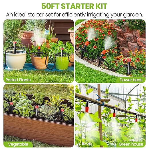 MIXC Drip Irrigation System, 50 FT Quick Connector Garden Watering System, Automatic Sprinkler Kit for Lawn Raised Bed Outdoor Plants Greenhouse with 1/4'' Tubing, Drip Emitters, Misting Nozzles