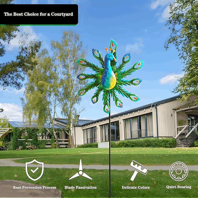 Outdoor Wind Spinner, 37" Metal Peacock Wind Spinner, Peacock Sculpture Garden Wind Spinners for Garden Yard Patio Decoration
