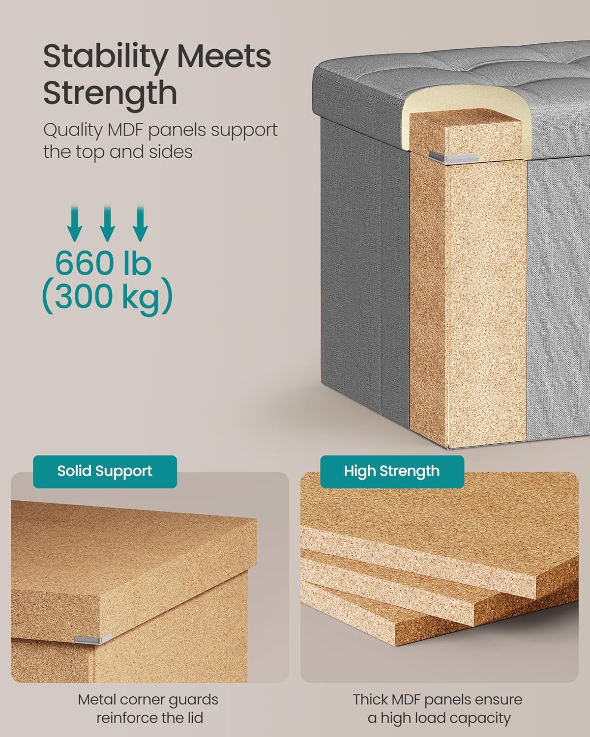 SONGMICS MAZIE Collection - 43 Inches Folding Storage Ottoman Bench, Ottoman Foot Rest, End of Bed Bench, Storage Chest, Load 660 lb, for Living Room, Bedroom, Entryway, Light Gray ULSF77G