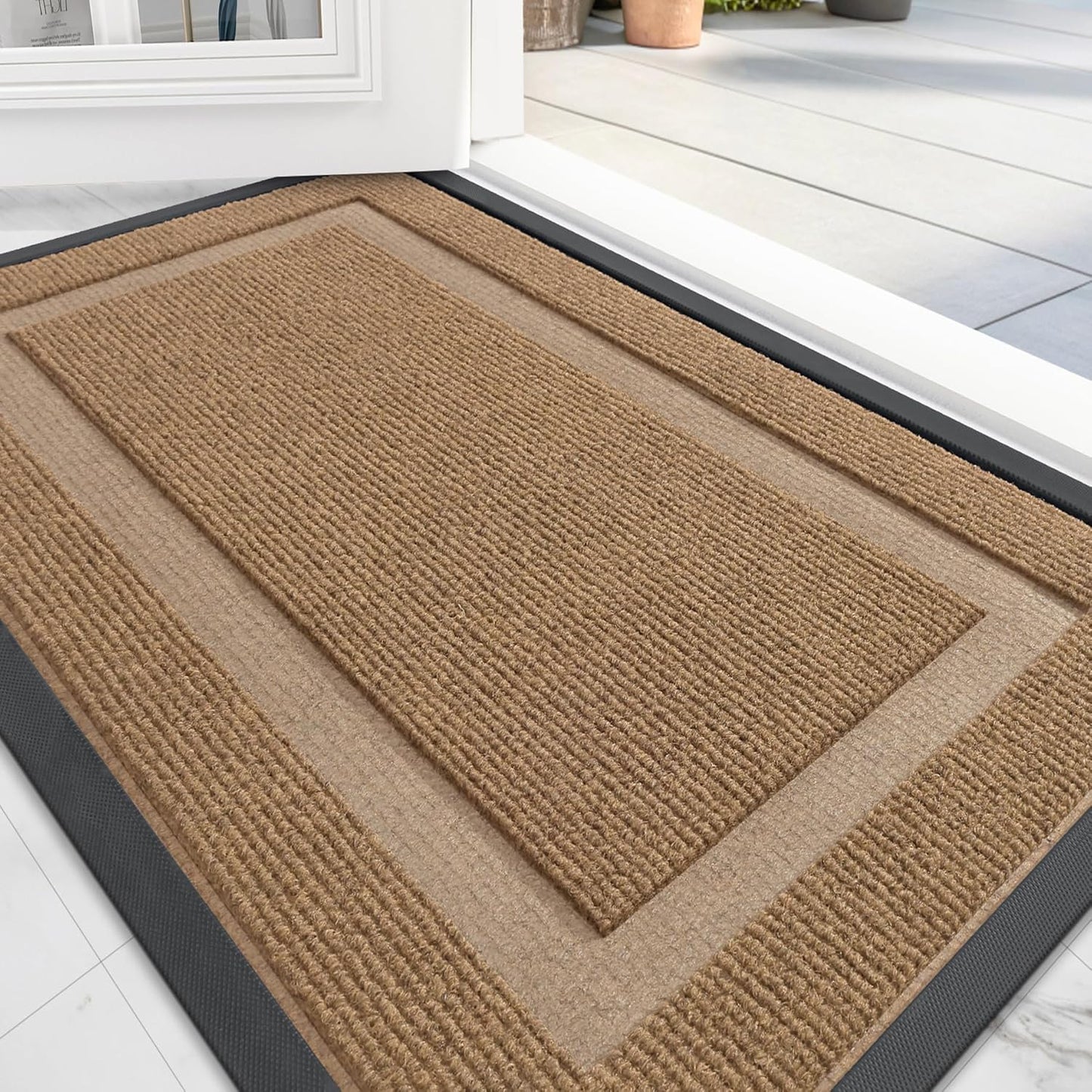 OLANLY Front Door Mat Indoor Outdoor Entrance, Waterproof All-Season, All-Weather Doormat, Sturdy Natural Rubber, Fade Resistant, Low Profile, Easy Clean Patio Porch Entryway Mat, 59x23, Light Borwn