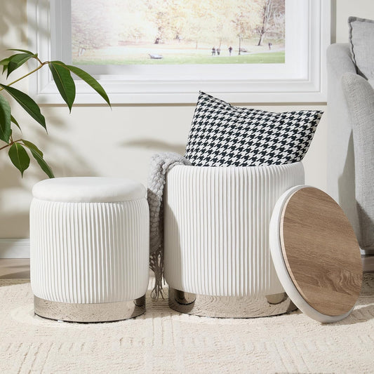 Royal Windsor Round Ottoman with Storage Set of 2, Vanity Stool with Storage for Bedroom, Ottoman Coffee Table Silver-Tone Ring Around The Base, Small Velvet Foot Stool for Living Room, White