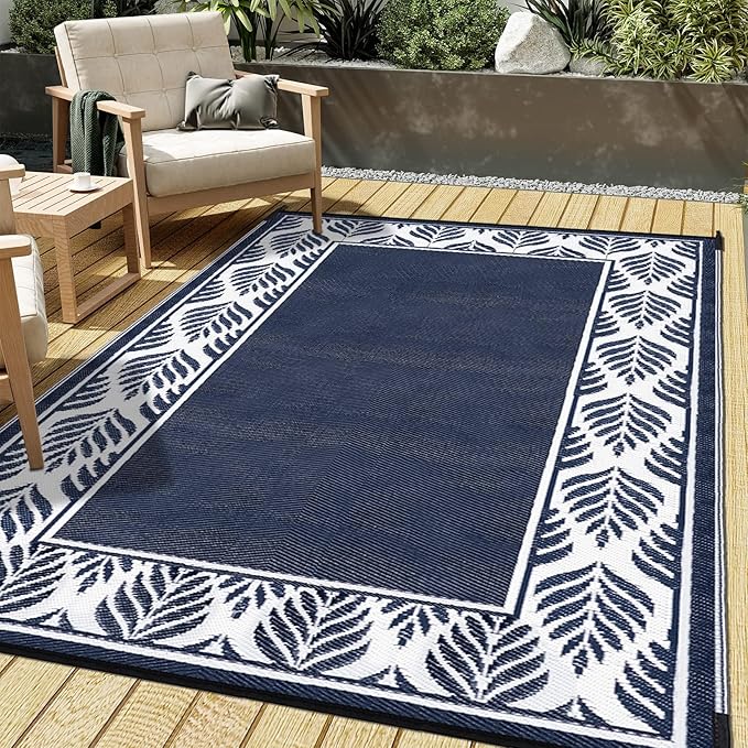 Outdoor Plastic Straw Rug, Waterproof Mat, Washable Large Floor Mat and Rug for Outdoors, RV, Beach, Patio, Camping, Backyard, Deck, Picnic, Outside (5x8ft,Olive-Leaf/Dark Blue&White)