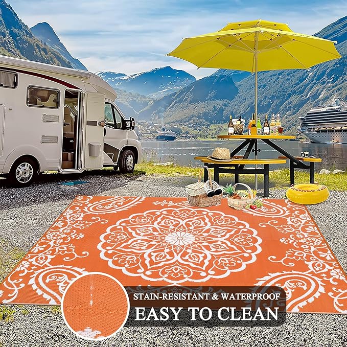 Pauwer Waterproof Outdoor Rug 8x10, Reversible Plastic Straw Patio Camping Rug, Indoor Outdoor RV Mat Carpet for Deck, Camper, Porch, Balcony, Backyard, Picnic, Boho Orange