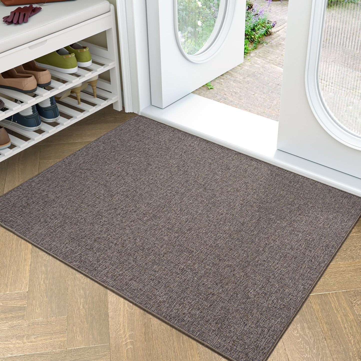 LUMI Ultra Thin Door Mat for Entryway, 32"x48" Low Profile Non Slip Rubber Backing Indoor Doormat, Easy Clean Welcome Entrance Mat for Inside House, Patio, Brown