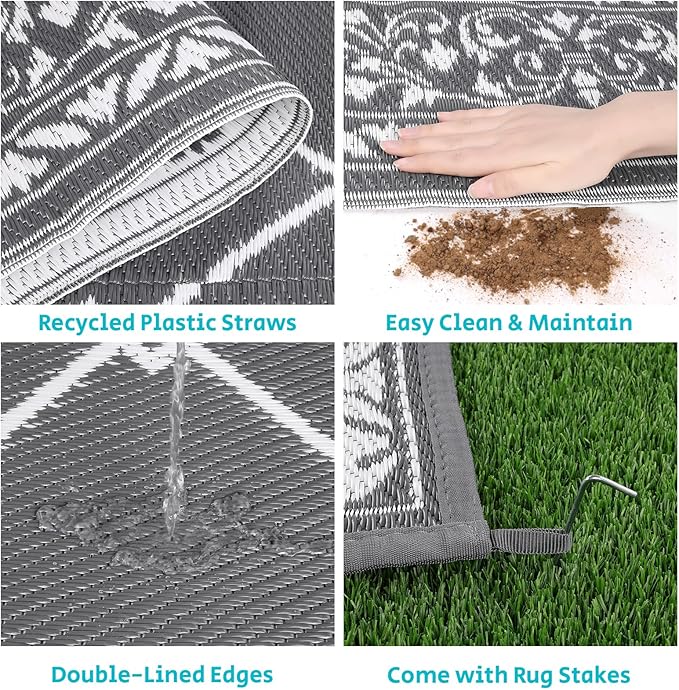 HEBE Outdoor Rug Waterproof 9x12, Reversible Plastic Straw Rug RV Camping Rug, Indoor Outdoor Patio Mat Clearance, Outside Carpet for Porch,Deck,Camper,Balcony,Backyard,Picnic