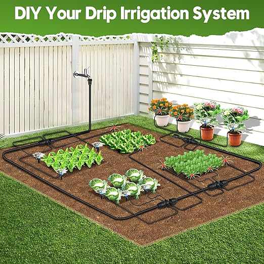 110FT Drip Irrigation System for Garden, Quick-Connect Automatic Garden Watering System with 1/2" & 1/4" Tubing and Accessories - Adjustable Sprinklers Kit for Greenhouse, Yard, Lawn, Raised Bed