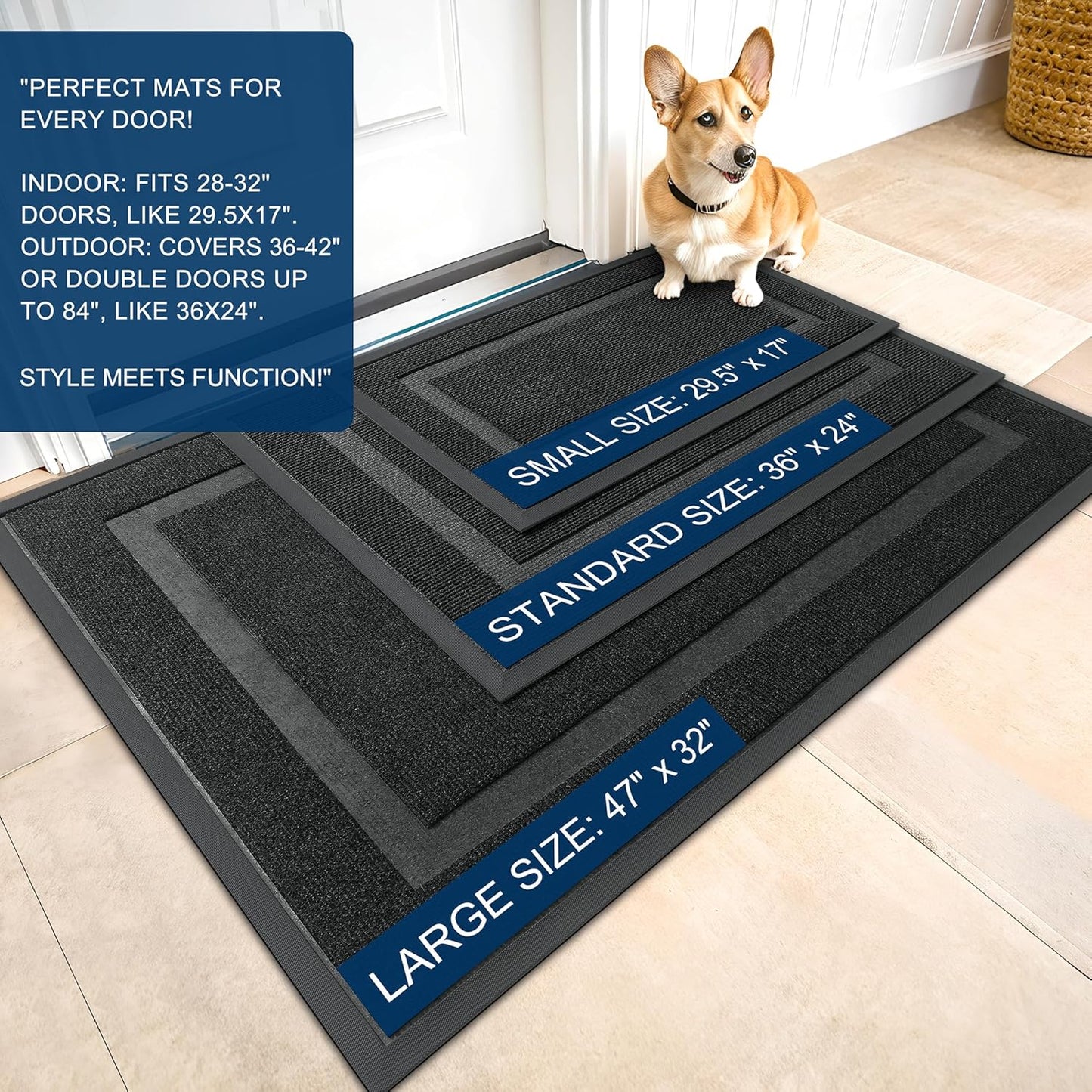 OLANLY Front Door Mat Indoor Outdoor Entrance, Waterproof All-Season, All-Weather Doormat, Sturdy Natural Rubber, Fade Resistant, Low Profile, Easy Clean Patio Porch Entryway Mat, 47x17, Black