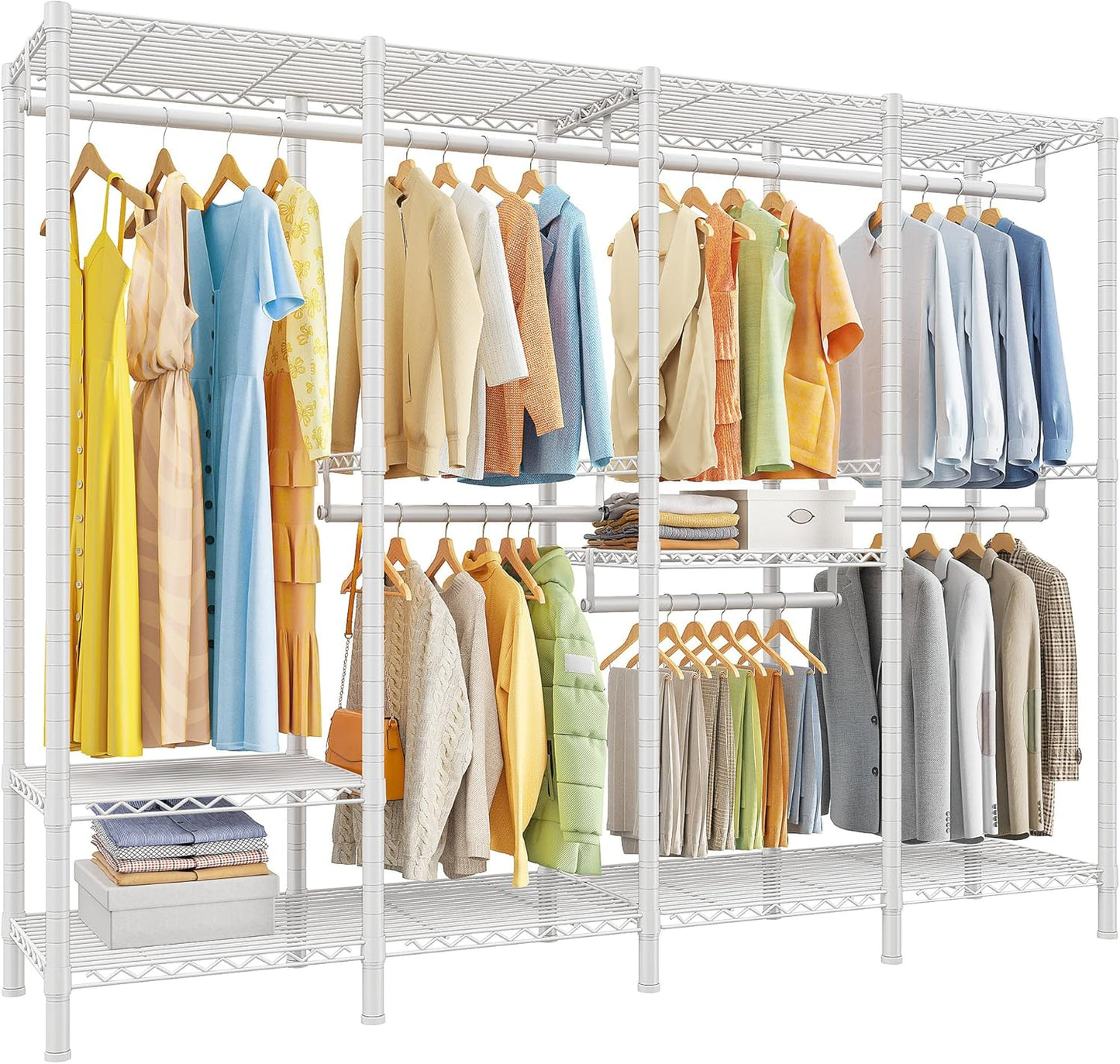 Raybee 76.9" H Clothes Rack Heavy Duty Loads 1100 LBS Metal Clothing Racks for Hanging Clothes Adjustable Garment Rack White,75.8" W*17.7" D*76.9" H