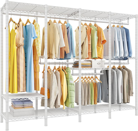 Raybee 76.9" H Clothes Rack Heavy Duty Loads 1100 LBS Metal Clothing Racks for Hanging Clothes Adjustable Garment Rack White,75.8" W*17.7" D*76.9" H