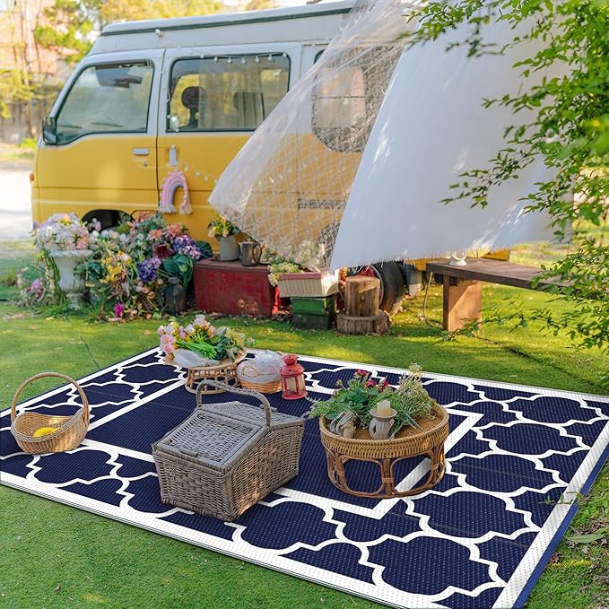 GENIMO 6' x 9' Outdoor Rug Waterproof for Patio Decor, Foldable Reversible Plastic Straw Area Rugs Mat for Camper, Outside Carpet for Rv, Deck, Porch, Picnic, Beach, Balcony, Blue & Grey