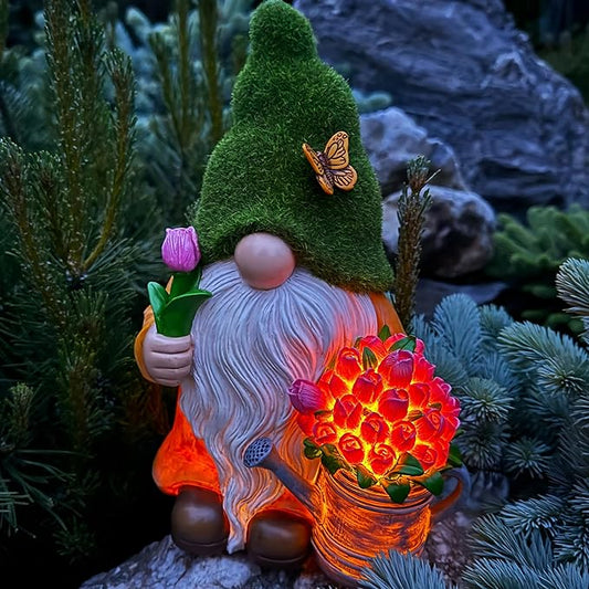 Mood Lab Garden Gnome - Solar Gnome Figurine with Tulips - 9.45 Inch Tall Flower Decor Outdoor Lawn Statue with LED Lights in Tulips