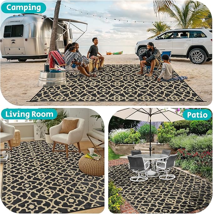HEBE Outdoor Rug Waterproof 9x12, Reversible Plastic Straw Rug RV Camping Rug, Indoor Outdoor Patio Mat Clearance, Outside Carpet for Porch,Deck,Camper,Balcony,Backyard,Picnic