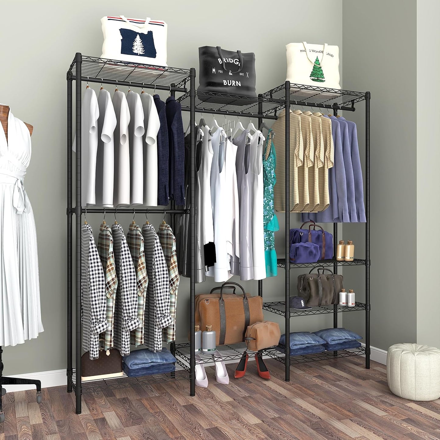 Heavy Duty Garment Rack,Freestanding Clothing Rack with 4 Hang Rods & 8 Shelves,Adjustable Closet Racks,68.5" L x 13.8" W x 75.2" H, Max Load 800LBS, Black