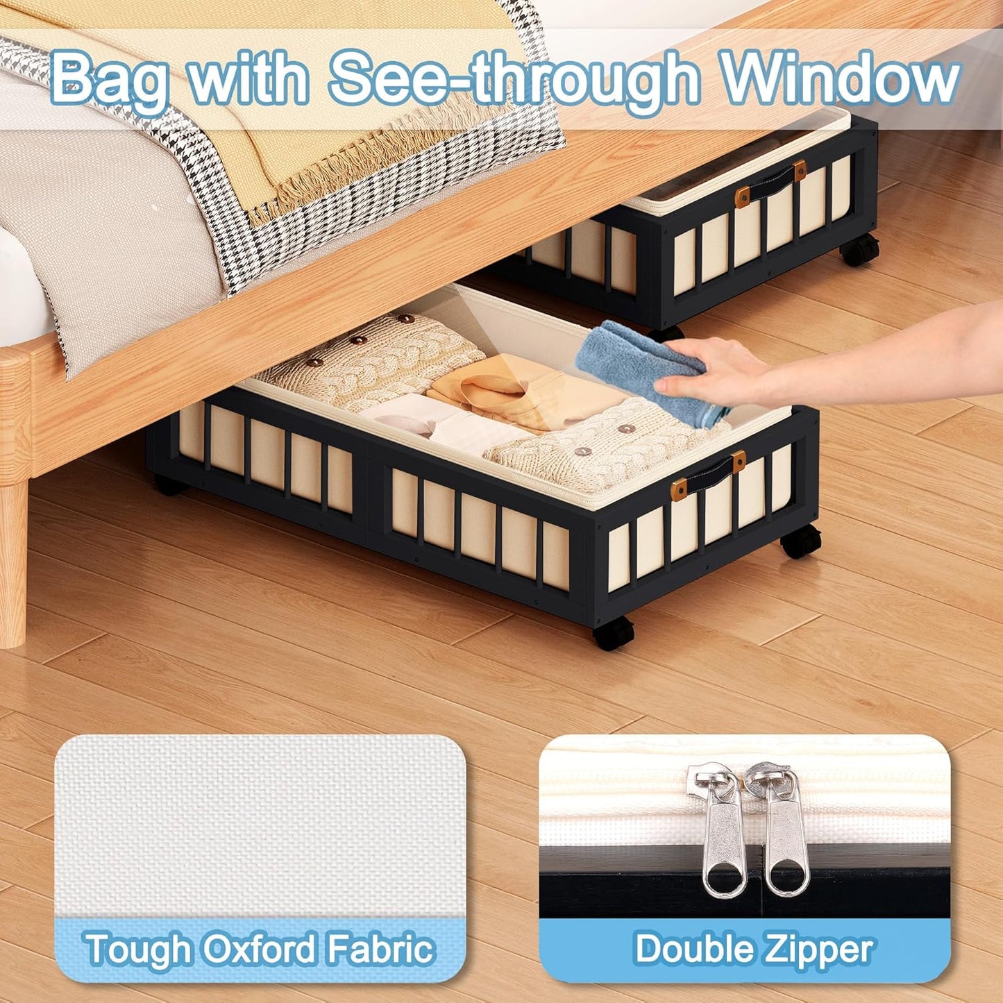 efluky 2-Pack Bamboo Under Bed Storage Containers with Wheels, Under Bed Clothes Storage Basket with Large Dust Bag, Rolling UnderBed Storage for Bedroom, Dorm and Basement, Black