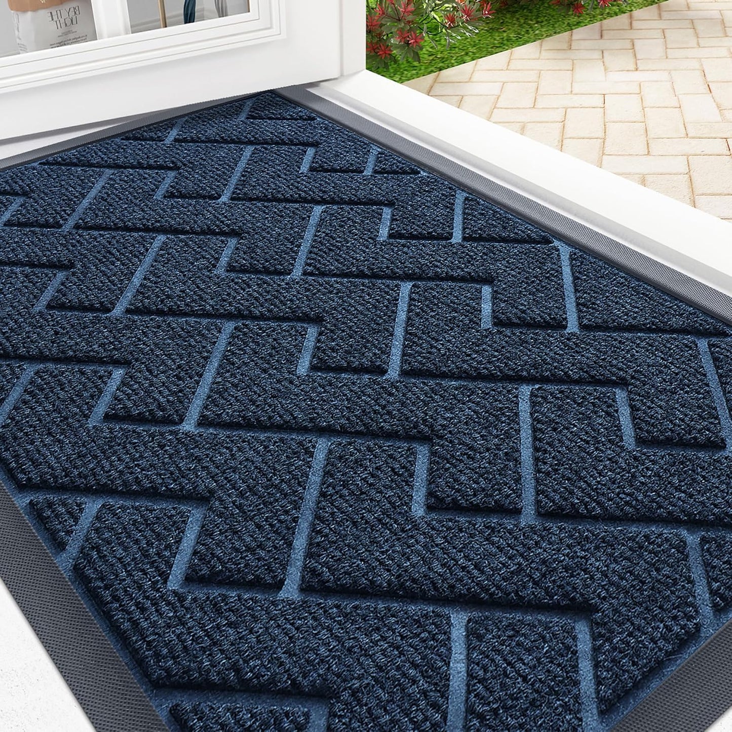 OLANLY Front Door Mat Indoor Outdoor Entrance, Waterproof All-Season, All-Weather Doormat, Sturdy Natural Rubber, Low Profile, Easy Clean Patio Porch Entryway Mat, Herringbone Brick (Blue, 36x24)