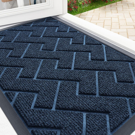 OLANLY Front Door Mat Indoor Outdoor Entrance, Waterproof All-Season, All-Weather Doormat, Sturdy Natural Rubber, Low Profile, Easy Clean Patio Porch Entryway Mat, Herringbone Brick (Blue, 71x47)
