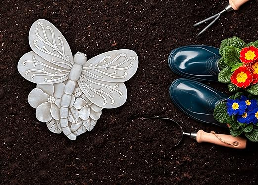 NAT & Jules Animal Character Shaped Dimensional Indoor Outdoor 11 inch Cast Resin Decorative Garden Stepping Stone, Patio, Walkway Sculpture Yard Art, Stone Grey Dragonfly