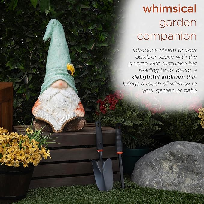 Alpine Corporation MCC844 Indoor/Outdoor Gnome Reading a Book Garden Statue, Charming Gnome Statue with Hat, 20" H, Turquoise